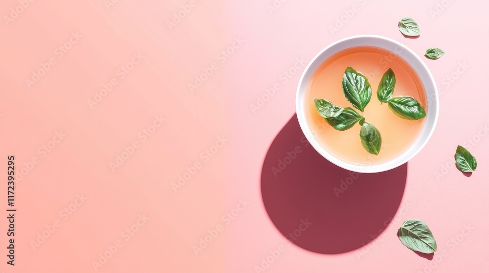 Poster minimalist overhead view of a bowl of soup with fresh basil leaves on a soft pink background showcas