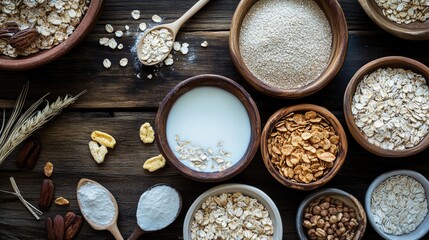Variety of breakfast cereals in wooden bowls with milk on rustic table top for healthy eating concept