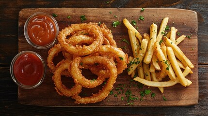 Overhead view of crispy fried onion rings and golden french fries served with ketchup on a rustic wooden cutting board