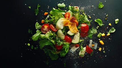 Vibrant overhead view of a fresh salad with colorful ingredients and herbs on a dark background