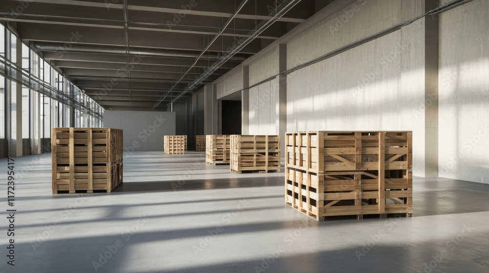 Poster empty wooden crates arranged in a spacious open warehouse with natural light highlighting the minima