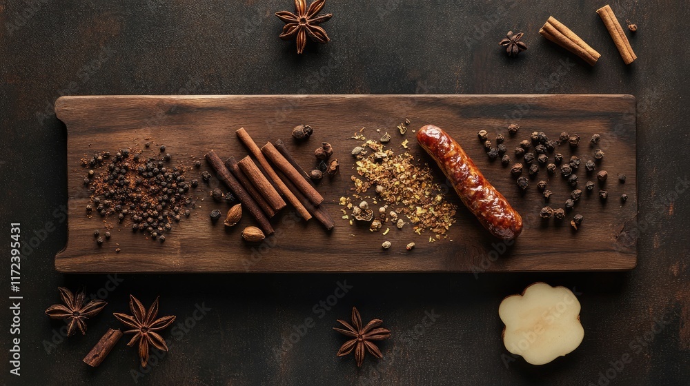 Poster overhead composition of boiled sausage surrounded by various spices on rustic wooden board