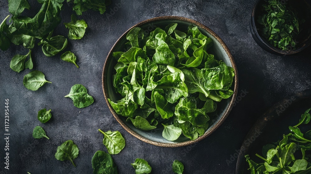 Poster freshly harvested spinach leaves arranged in a bowl on a dark textured background with scattered gre