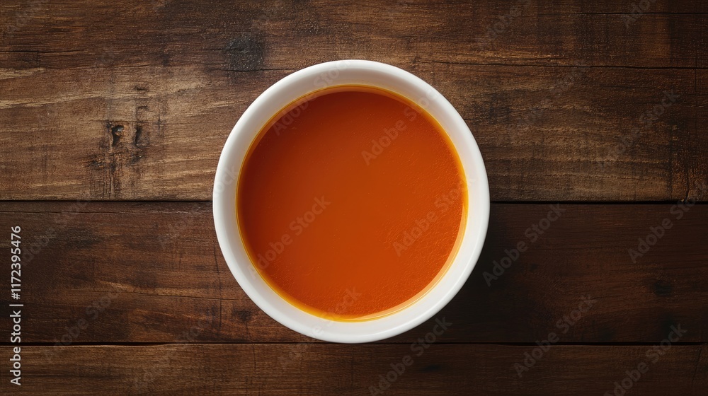 Poster overhead view of a steaming bowl of vibrant orange soup on a rustic wooden table