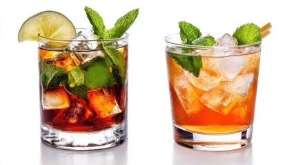 Negroni and mojito cocktails served in stylish glasses garnished with fresh mint and lime slices on a white background