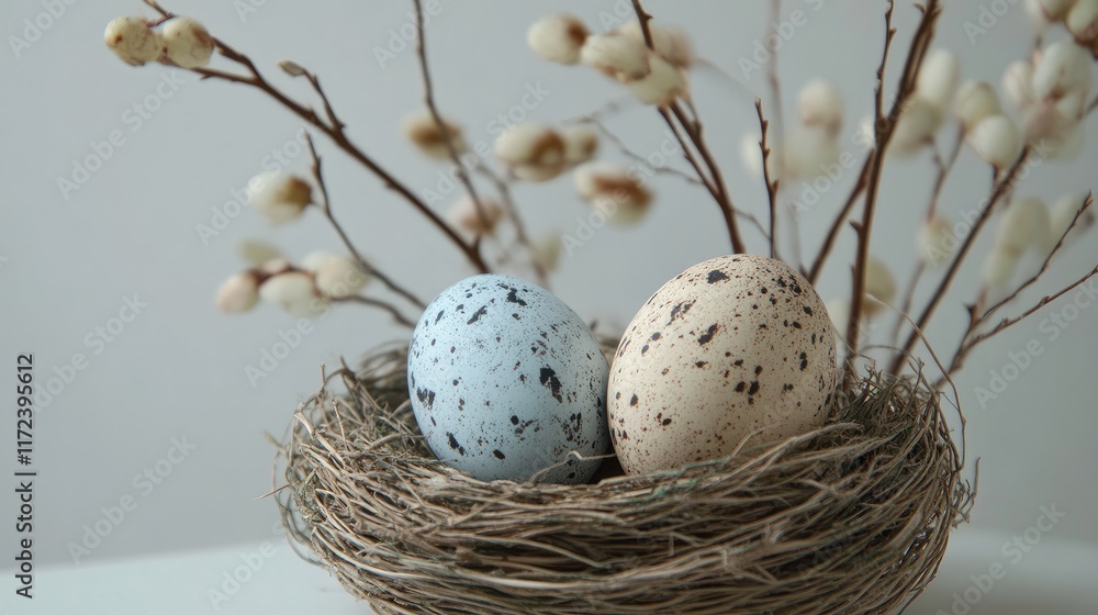 Poster nest with decorative easter eggs in a natural setting featuring branches and soft pastel colors on a