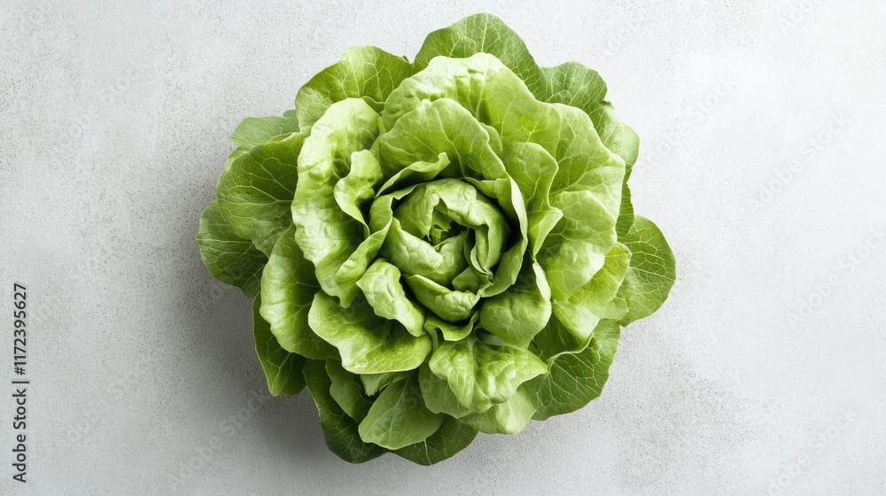 Poster overhead view of fresh green leafy lettuce isolated on a light background showcasing its textures an