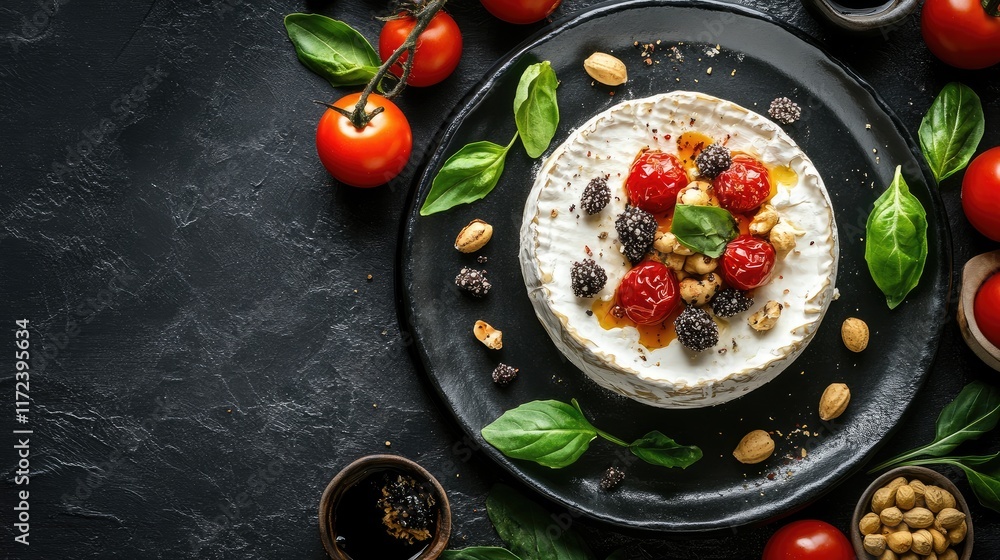 Poster Overhead View of Creamy Cheese with Fresh Tomatoes Berries Nuts and Basil on Dark Rustic Background
