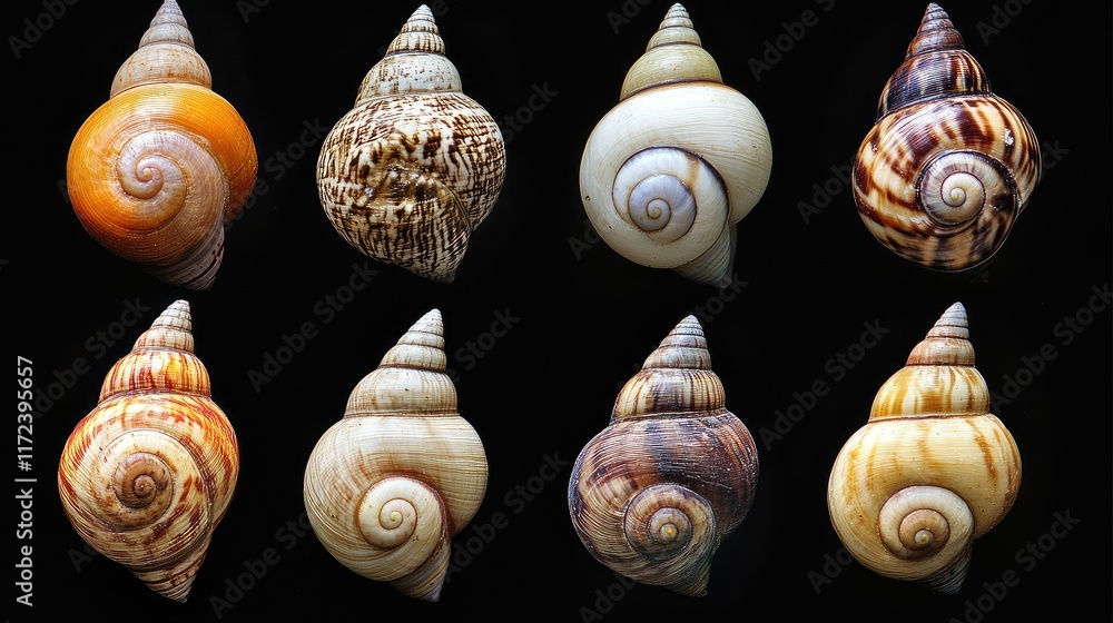 Poster diverse collection of neritina freshwater snail shells showcasing unique patterns and colors on a bl