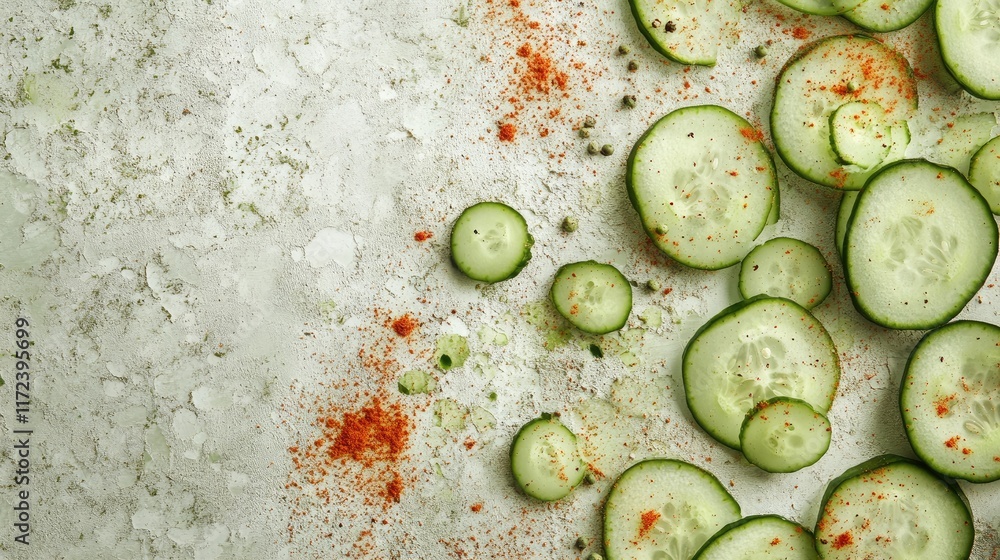 Poster Overhead view of fresh cucumber slices arranged on a textured surface with colorful spices sprinkled around for a vibrant culinary presentation