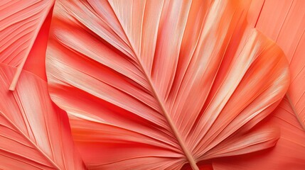 Fan Palm Leaf on Coral Background Tropical Minimalism Concept Modern Fashion Aesthetic Summer Inspiration Close-Up Textures and Colors