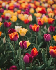 Obraz premium A vibrant field of diverse tulips blooms in a stunning display of colors. Each flower adds beauty and vibrance to the landscape. Nature showcases its artistry. Generative AI