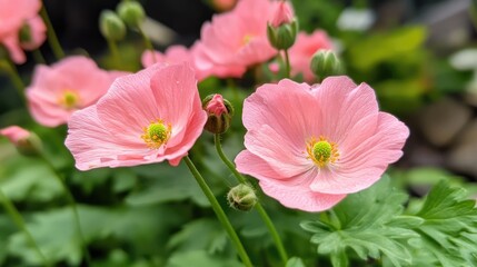 Obraz premium Pink flowering plants with buds against vibrant green foliage in a serene natural setting