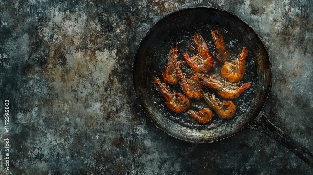 Poster Overhead view of golden sautÃ©ed prawns in a vintage frying pan on a rustic textured background
