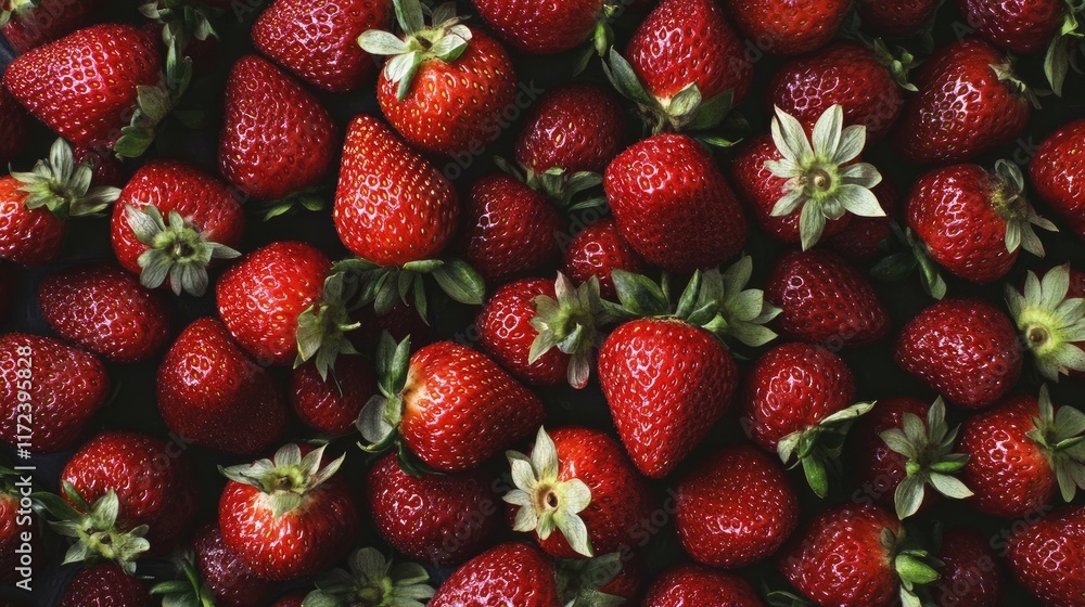 Poster Fresh ripe strawberries scattered on a dark table creating a vibrant and appetizing overhead view suitable for food photography.