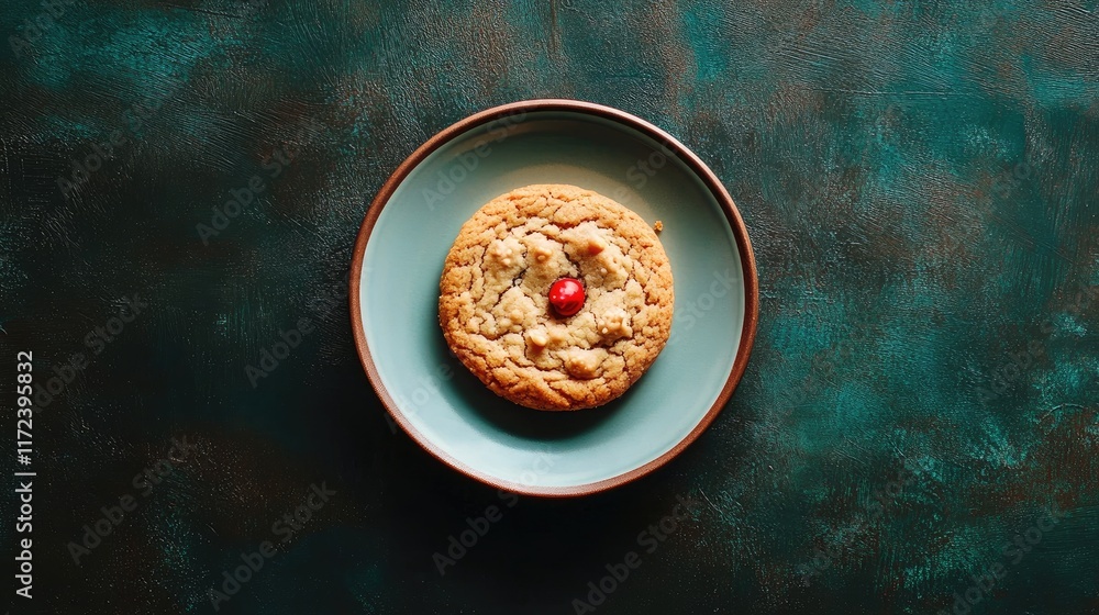 Poster overhead view of a freshly baked cookie on a blue plate with a red candy on a textured dark backgrou
