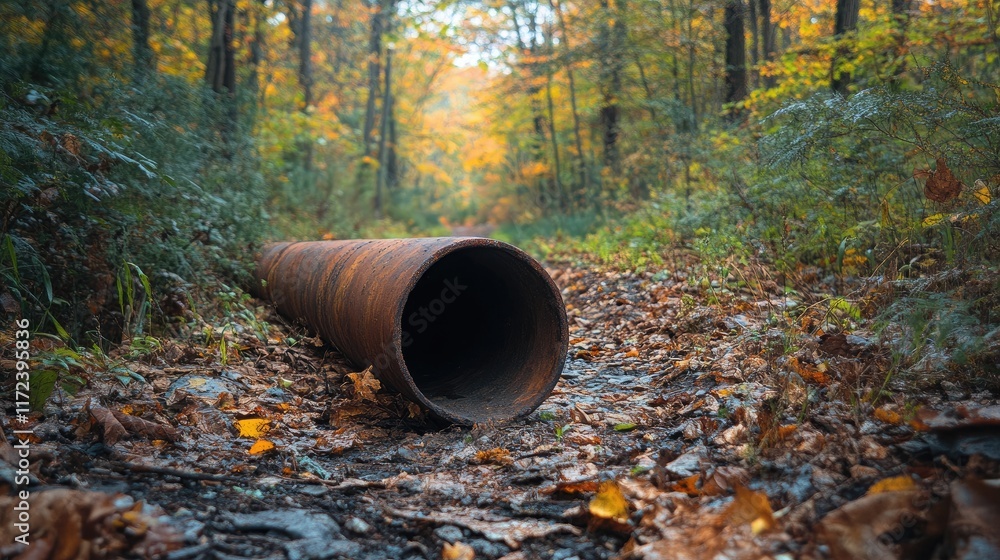 Poster rustic pipe on a forest trail surrounded by autumn foliage and fallen leaves creating a serene natur