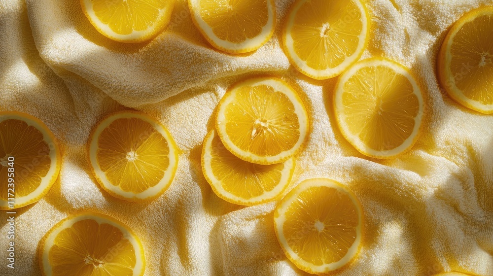 Poster Overhead view of fresh lemon slices arranged on a soft towel creating a vibrant and inviting citrus-themed composition