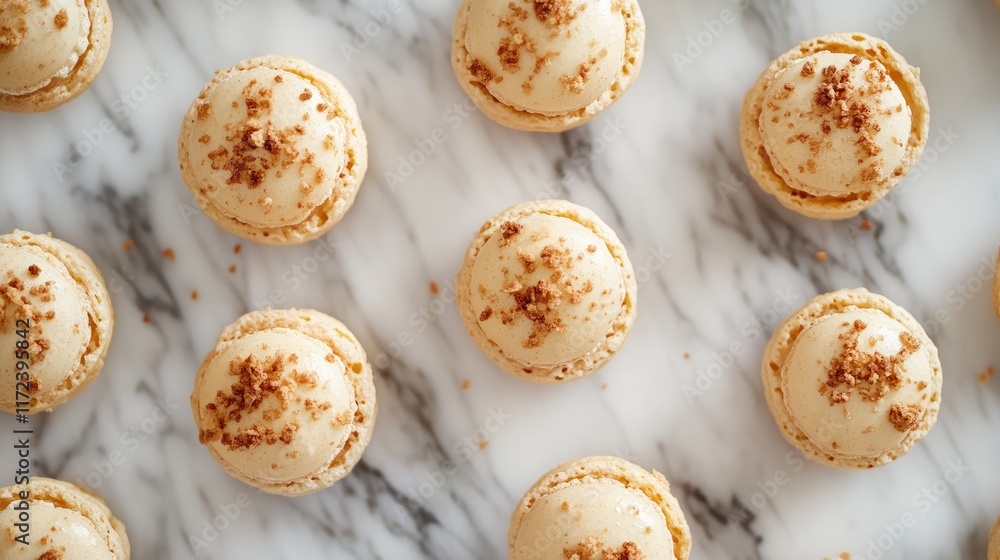 Poster overhead view of perfectly baked macaroons on a marble surface with crushed toppings showcasing eleg