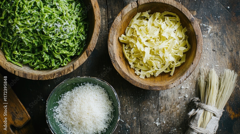 Aufkleber rustic overhead view of green vegetable noodles with parmesan cheese in wooden bowls on an aged wood