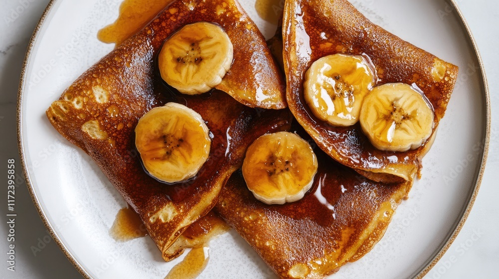 Poster overhead view of delicious crepes topped with caramelized bananas and drizzled with syrup on a white