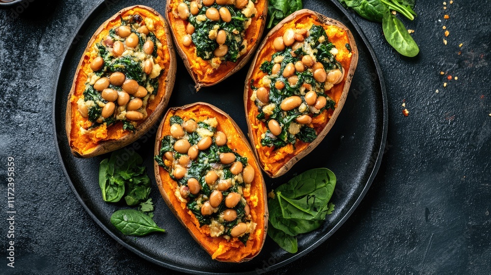 Poster stuffed sweet potatoes with spinach and beans served on a black plate garnished with fresh greens in
