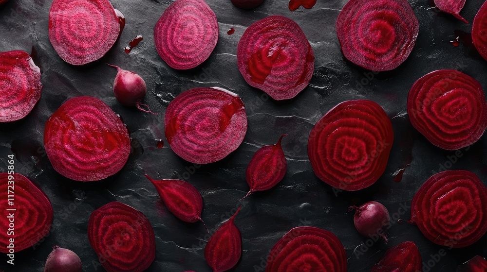 Poster overhead view of freshly sliced organic beetroot arranged on dark surface showcasing vibrant color a