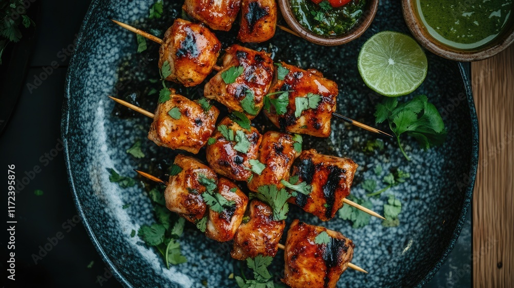 Poster grilled marinated chicken skewers served with chutney lime and cilantro on a decorative plate ideal 