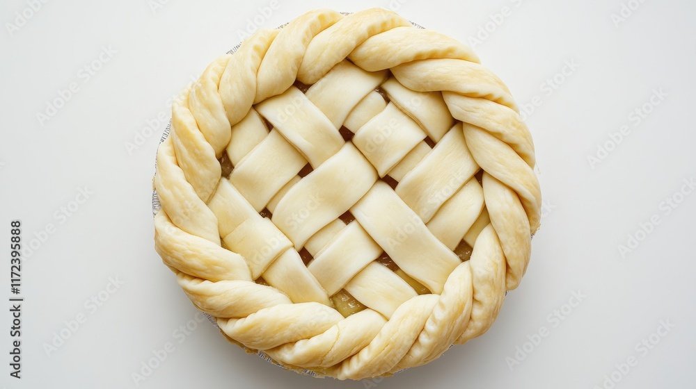 Poster Overhead view of a raw pie crust featuring an intricate braided lattice design ready for baking