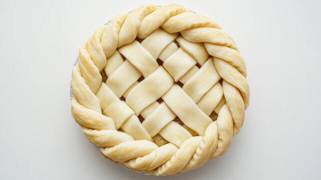 Overhead view of a raw pie crust featuring an intricate braided lattice design ready for baking