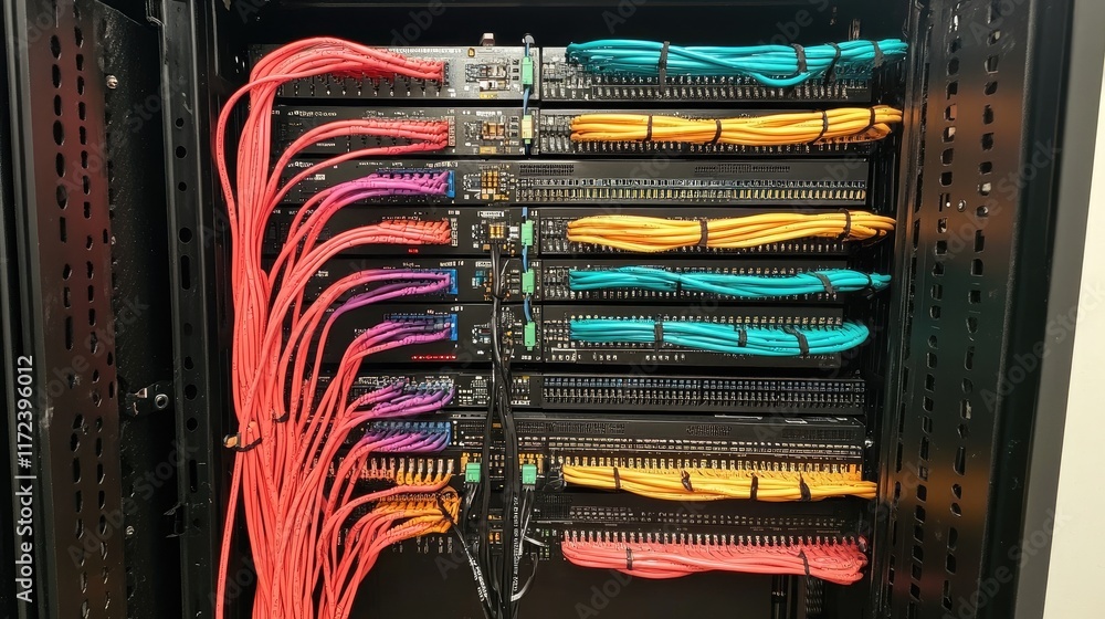 Poster colorful network cables organized in a data center switch panel showcasing efficient connectivity an
