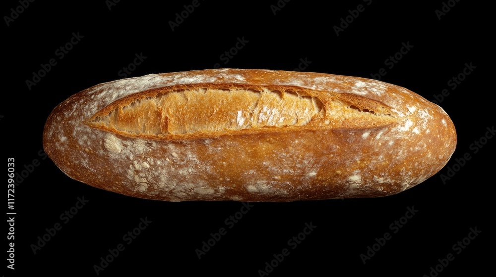 Poster Overhead view of a rustic whole grain sourdough bread loaf on a dark background showcasing its artisanal texture and crusty appearance