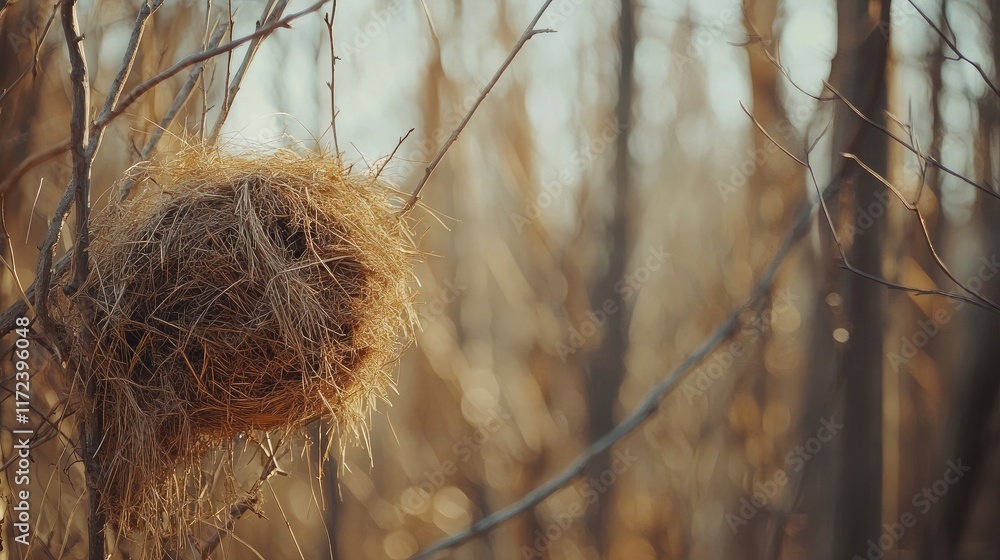 Poster weaver bird nest crafted from hay hanging on branches in a blurred forest background showcasing natu