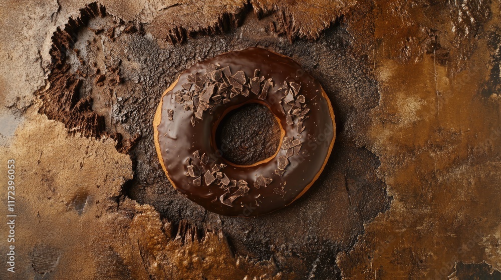 Poster Overhead view of a chocolate donut on a rustic textured background showcasing its rich glaze and decorative chocolate shavings.