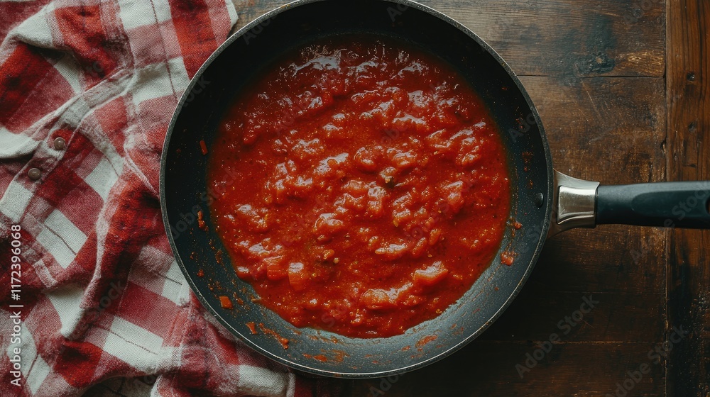 Poster Overhead view of simmering tomato sauce in a skillet pan on a rustic wooden table with a checkered kitchen towel