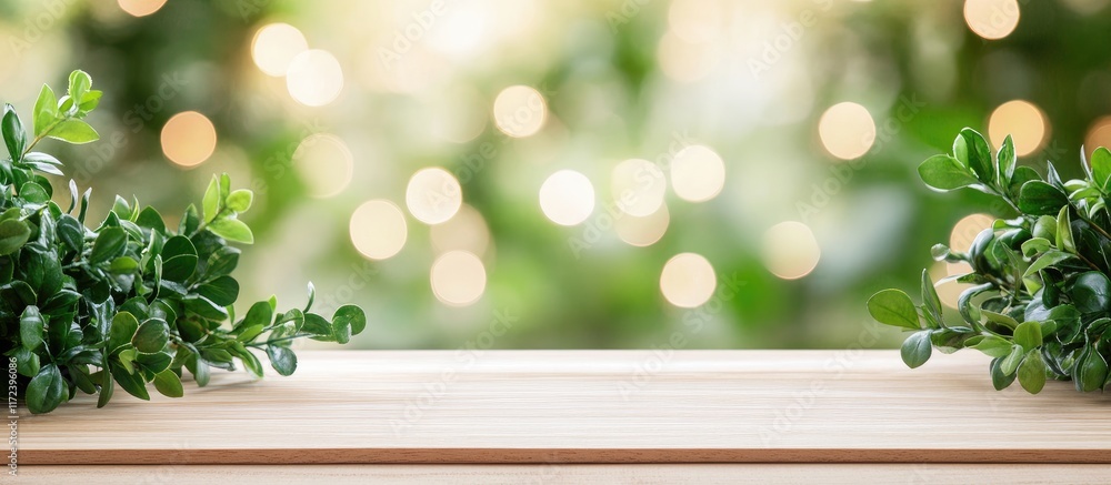 Poster wooden tabletop with sparkling bokeh lights in a blurred background ideal for product display photog