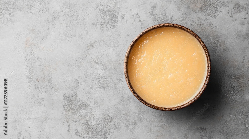 Poster overhead view of a small bowl of smooth applesauce on a textured gray background showcasing healthy 