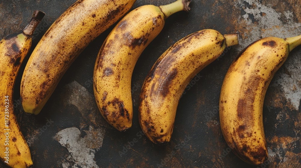 Poster overripe bananas with brown spots arranged on a rustic background indicating freshness and natural r