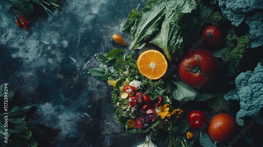 Poster overhead view of a vibrant salad composition featuring fresh vegetables and citrus on a textured dar