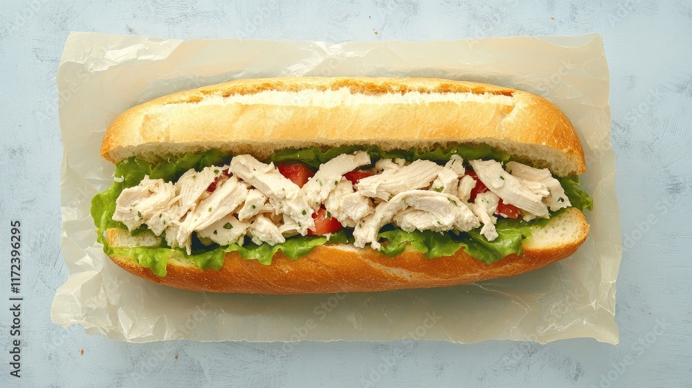 Aufkleber overhead view of fresh chicken salad sandwich with vegetables wrapped in wax paper on a blue backgro