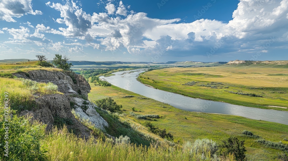 Poster scenic view of a river meandering through green fields with dramatic cloudy sky overhead