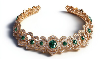 Elegant gold necklace with emerald gems and intricate design isolated on a white background showcasing luxury and craftsmanship.