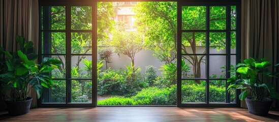 Tranquil indoor view of an open window showcasing a lush garden courtyard with vibrant greenery and serene atmosphere