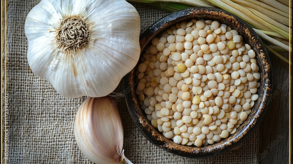 Poster overhead composition of fresh garlic and dried lentils in a rustic bowl on textured fabric backgroun