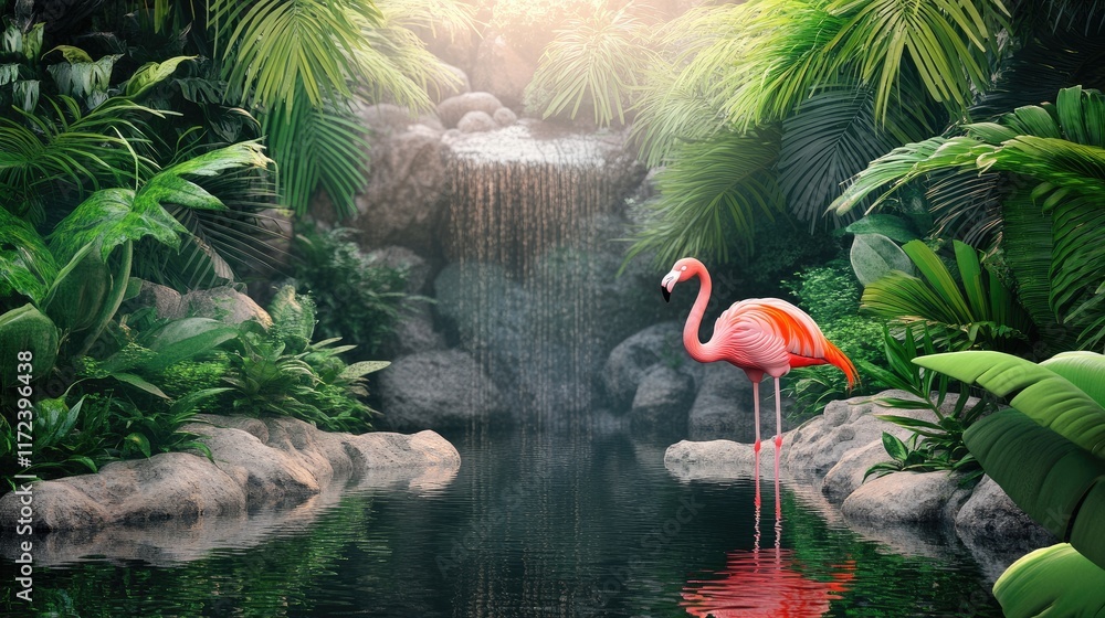 Poster flamingo standing gracefully by a serene pond surrounded by lush greenery and a tranquil waterfall i