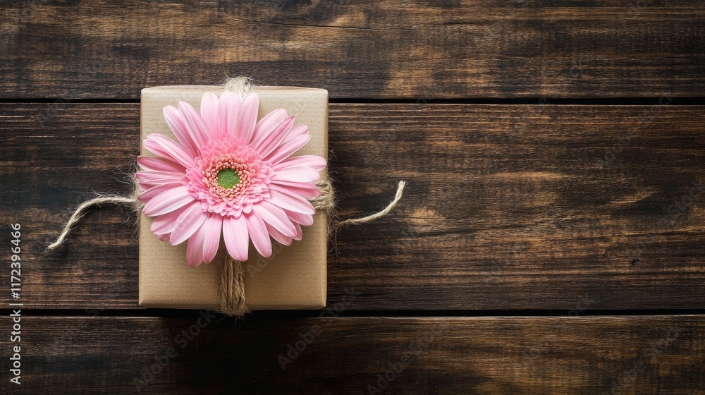 Aufkleber pink flower gift on rustic wooden table romantic gesture wrapped in brown paper with twine adding ch