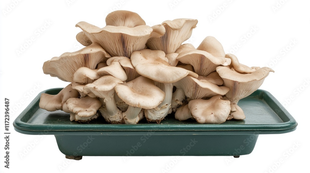 Poster oyster mushrooms displayed on a green weighing scale tray against a white background showcasing thei