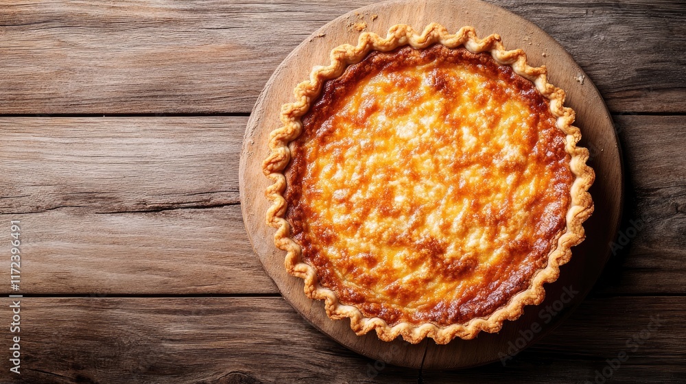 Poster overhead view of a golden-brown baked tart on a rustic wooden table showcasing its flaky crust and r