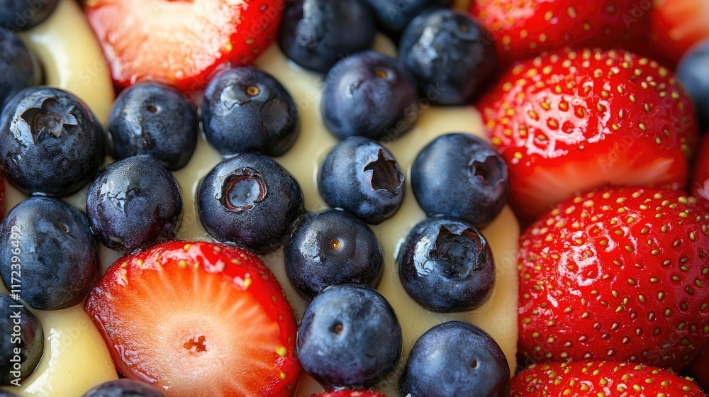 Poster overhead view of a plate of fresh pancakes topped with blueberries and strawberries arranged beautif