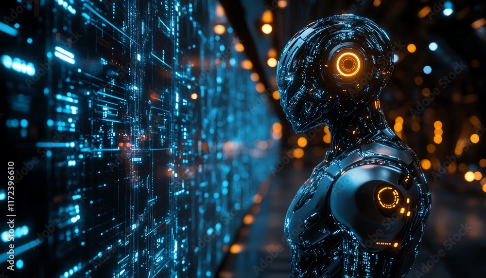 Aufkleber digital artificial intelligence concept represented by a humanoid with glowing circuits, metallic bo